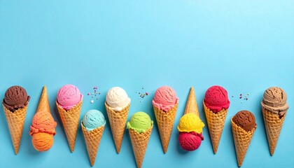 Ice cream cones, colorful flavors, blue background, summertime treat for design