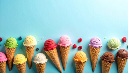 Ice Cream Cones with Berries on Blue Background for Summer Menu or Ad Mockup