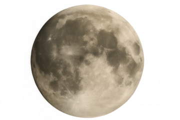 Full moon against a transparent background showing detailed lunar surface and craters, concept of space and astronomy
