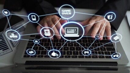 Gaming icons show online gaming, game streaming, and interactive play. Gaming supports esports, game community, and digital gaming experience. Funnel