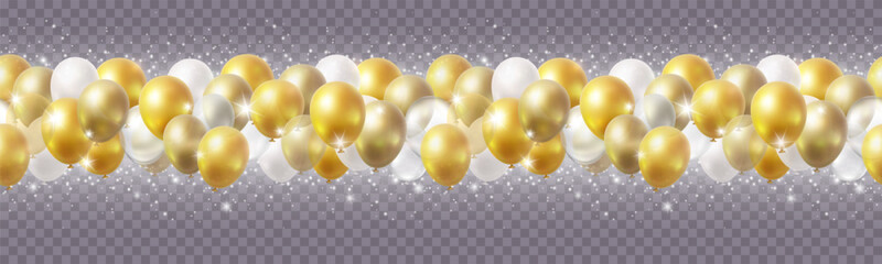 Balloon seamless border with gold glitter and shiny stars isolated on transparent background. Vector realistic golden festive 3d helium baloons banner for anniversary, birthday party design