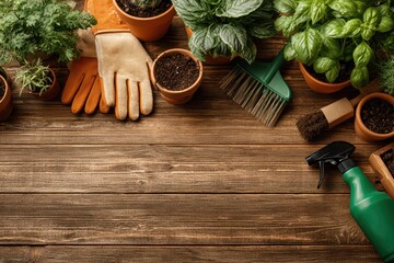 Gardening equipment and potted plants on a vintage wooden background, top view.