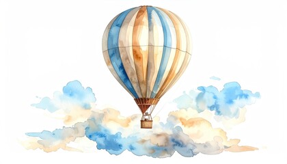 Hot air balloon floats among clouds. Sky landscape illustration. Use Children's art