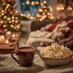 Hot cocoa & popcorn, cozy winter night home scene, Christmas lights background