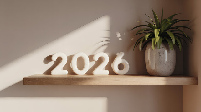 Minimalist Home Interior Design Featuring Ceramic 2026 Numbers and a Potted Houseplant on a Floating Wooden Shelf with Warm Sunlight and Shadow - Powered by Adobe