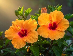 Two vibrant orange hibiscus flowers in sunlight