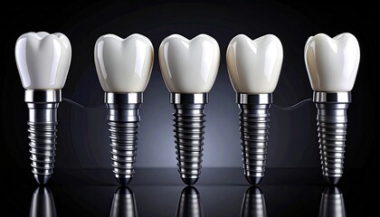 Dental implants in a row. Background is dark. Healthcare concept for teeth loss