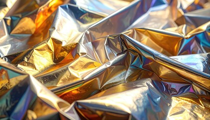 Shiny crumpled golden material texture. Background shows light reflection and colors