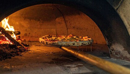 Pizza being removed from a wood-fired oven, flame background, food photography