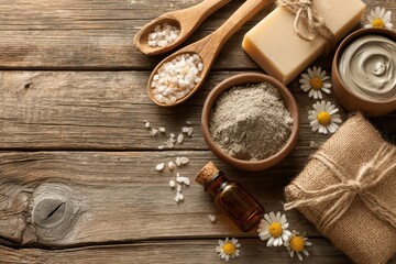 Natural spa beauty essentials with clay, soap, bath salts, and oil on rustic wood.