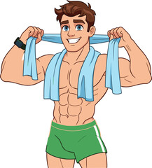 Cartoon muscular man smiling with towel around neck, fitness character in green shorts showing strength, health and workout illustration