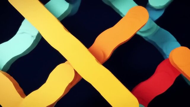 Colorful rounded rectangular forms interlock and overlap against a solid black backdrop in a vibrant, abstract geometric arrangement