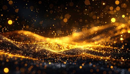 Golden particles wave, background shines bright. Use luxury, celebration, product
