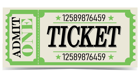 A classic template for a ticket to an event, concert, or show. White and green shades, vector drawing of the sample with perforation and text.
