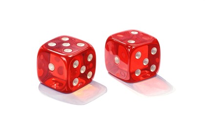 Two vibrant red dice, translucent and glossy, sit on a plain white backdrop, casting subtle shadows.