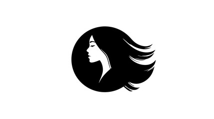 Elegant woman profile silhouette with long, flowing dark hair within a minimalist circular design. Concept for beauty salon or wellness.