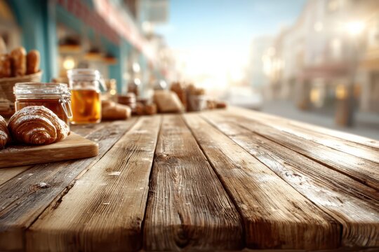 Rustic wooden table with croissants and jam, overlooking a sunny, blurred city street.