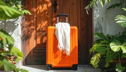 Orange suitcase at door for vacation. Green plants in background, travel concept