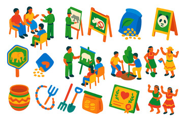 Obraz premium Community Conservation Illustrations. Isometric vector illustration set Community conservation: village meeting, ranger training,