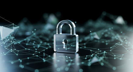 Digital Security and Data Protection Concepts Represented by a Glowing Lock Icon Overlaying a Network Grid