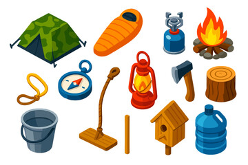 Forest Camping Icons. Isometric vector illustration set Forest camping: camo tent, mummy sleeping bag, camp stove, forest campfire