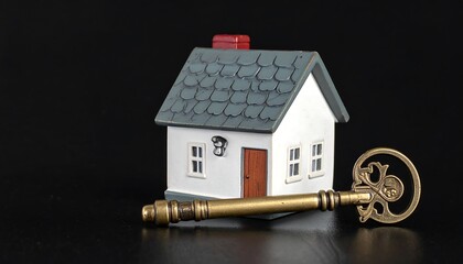 A charming miniature house, symbolizing new beginnings, with a vintage-style key, set against a dark backdrop.