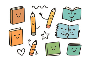 Playful Doodle Stickers. Playful doodle stickers: smiling books with tiny faces, pencils waving, notebooks hugging, simplified