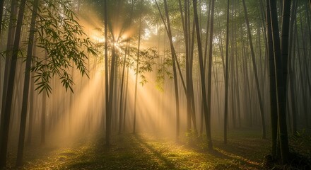 Obraz premium Sunlight streaming through misty forest trees in the morning.