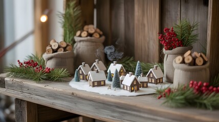 Obraz premium Charming Miniature Christmas Village Display with Snowy Houses Logs and Festive Greenery for Holiday Decor