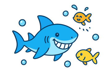 Obraz premium Cheerful Sea Doodles. Bright doodle stickers: smiling shark, tiny fish and bubbles jumping, cheerful doodle charm, white outline,