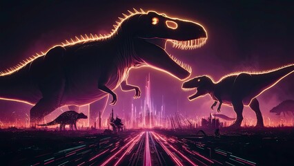 Naklejka premium Dinosaurs in Neon Cyberpunk City