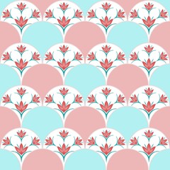 Seamless pattern of scallops decorated with floral and leaf patterns