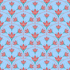 Seamless pattern of scallops decorated with floral and leaf patterns