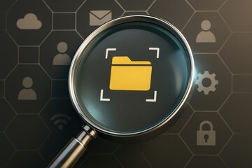 Magnifying glass zooming on yellow folder icon for data file search 
