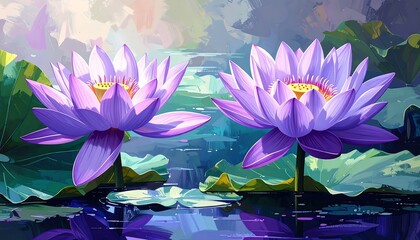 Two vibrant purple water lilies in a tranquil pond setting