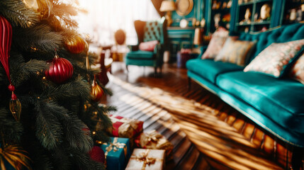 A decorated Christmas tree with ornaments and gifts brings warmth to a luxurious, sunlit living room, embodying the cozy, festive spirit of the holiday season
