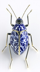 Intricately designed decorative beetle showcasing beautiful blue and white botanical motifs with luxurious gold-tone accents, perfect for elegant home decor