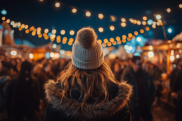 Bundled in winter wear, a person stands amidst the lively crowds, gazing at the magical glow of string lights illuminating a festive evening market