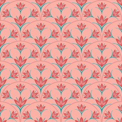 Seamless pattern of scallops decorated with floral and leaf patterns