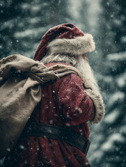 Father Christmas embarks on his magical journey through a serene, snow-covered forest, carrying a heavy sack of gifts to bring joy and wonder on a frosty winter's eve