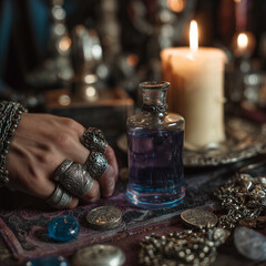 Mystical Hand with Ornate Rings Reaching for a Potion Bottle, Surrounded by Ancient Charms and Coins on a Velvety Altar, Bathed in the Warm Glow of a Ritual Candle