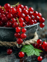 Vibrant red currants glistening with fresh water drops, overflowing from a rustic metal bowl, highlighting a bountiful summer harvest on a dark wooden surface, representing healthy and natural produce