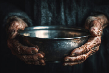 A poignant close-up of deeply wrinkled hands gently presenting a solitary, empty metal bowl, conveying themes of destitution, hunger, and a silent request for aid