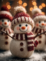 Cozy knitted snowman figures with striped hats and scarves, standing in a gentle snow, create a heartwarming scene, embodying the cheerful and festive spirit of the winter holiday season