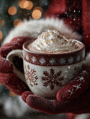 Hands in red mittens hold a festive mug of hot chocolate with whipped cream, surrounded by soft bokeh lights and gentle snow, a cozy winter moment