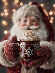 A Festive Hand, Clad in Cozy Mitten, Presents a Delicious Hot Cocoa Drink with Whipped Cream, Capturing the Essence of Winter Holiday Celebration