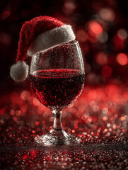 A festive red wine glass adorned with a miniature Santa hat, beautifully set amidst sparkling red glitter and bokeh lights, creating a captivating and warm ambiance perfect for holiday celebrations 
