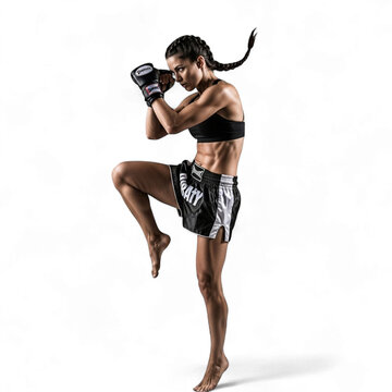 Illustration of female muay thai fighter isolated on transparent background