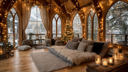 Charming winter cabin living space with high vaulted ceilings, adorned with enchanting Christmas lights, a festive tree, and cozy fur textures for a perfect holiday retreat