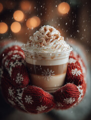 Warm and comforting layered winter beverage, topped with rich whipped cream and sprinkles, held by hands in festive red snowflake mittens against a soft, bokeh-lit background with gentle falling snow